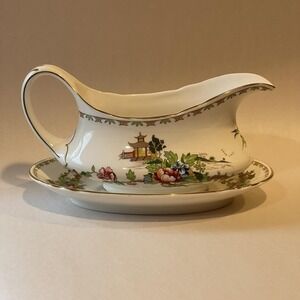 Vintage Crown Staffordshire England Pagoda Gravy Boat w/ Under-Plate Oriental